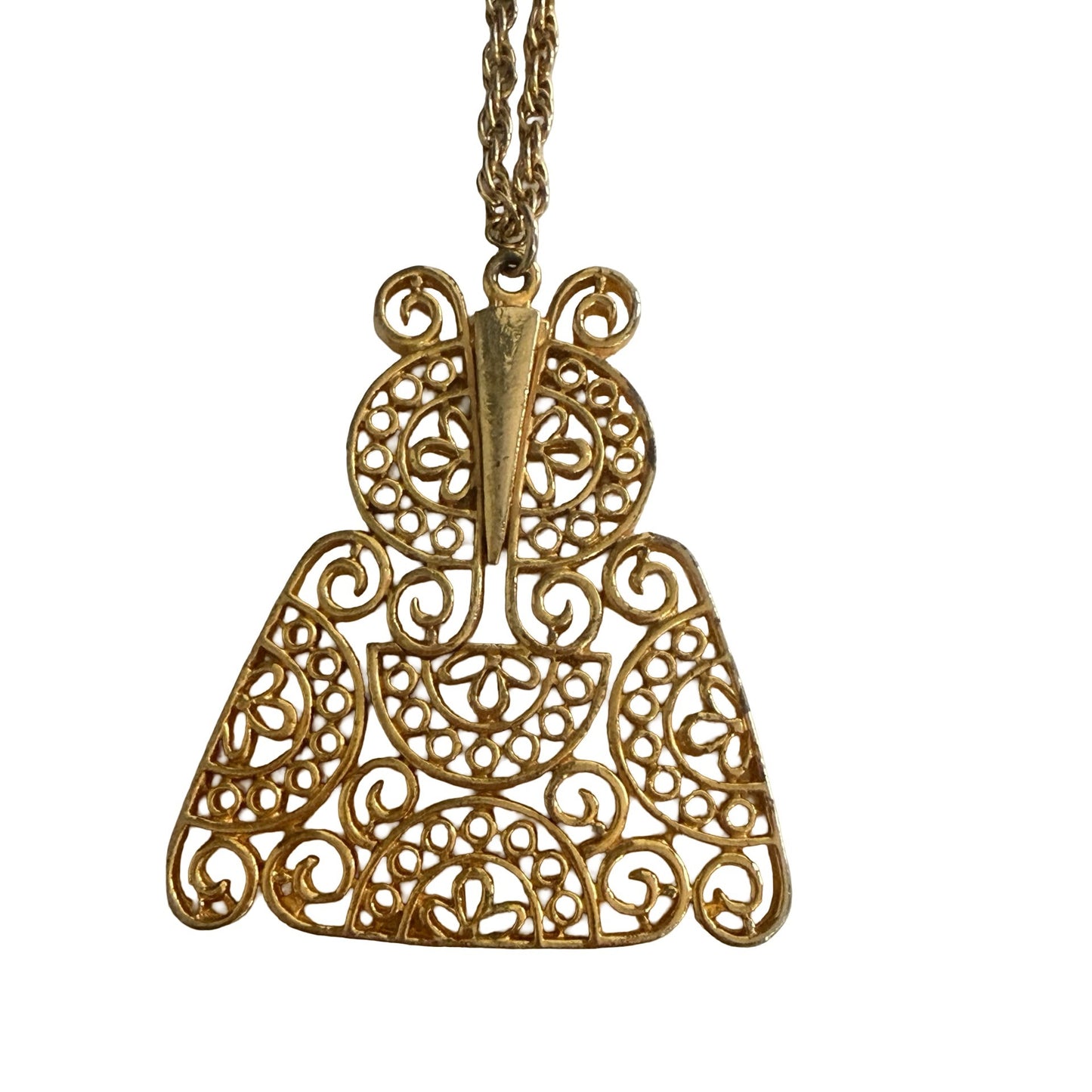 Vintage Gold Tone Filigree Owl Pendant Necklace Openwork Scroll Design 24"