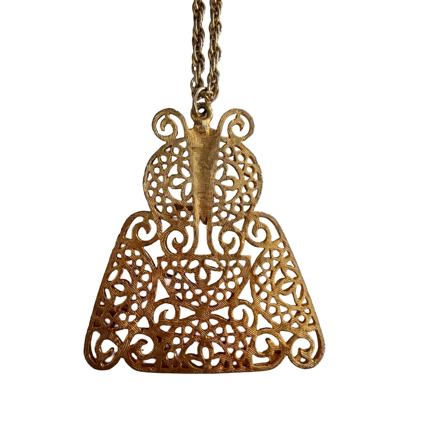 Vintage Gold Tone Filigree Owl Pendant Necklace Openwork Scroll Design 24"