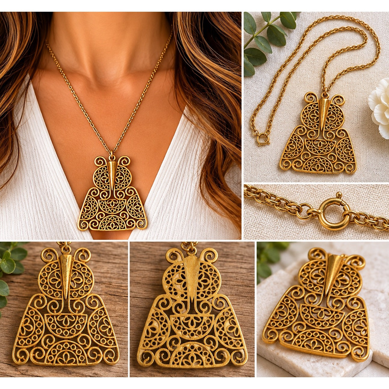 Vintage Gold Tone Filigree Owl Pendant Necklace Openwork Scroll Design 24"