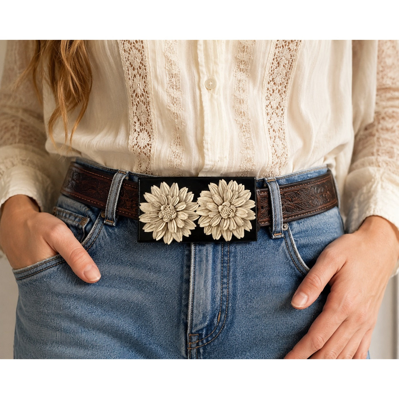 Vintage Floral Belt Buckle Black Cream Double Flower Western Boho Accessory