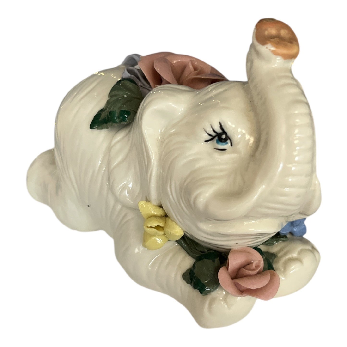 Vintage White Elephant Porcelain Figurine with Applied Roses Trunk Up Floral Accent