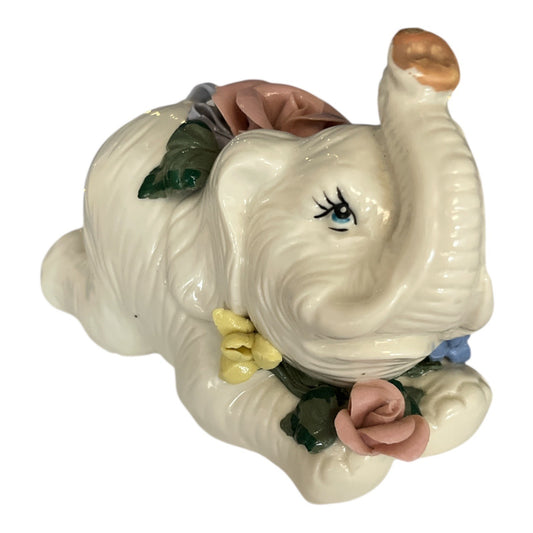 Vintage White Elephant Porcelain Figurine with Applied Roses Trunk Up Floral Accent