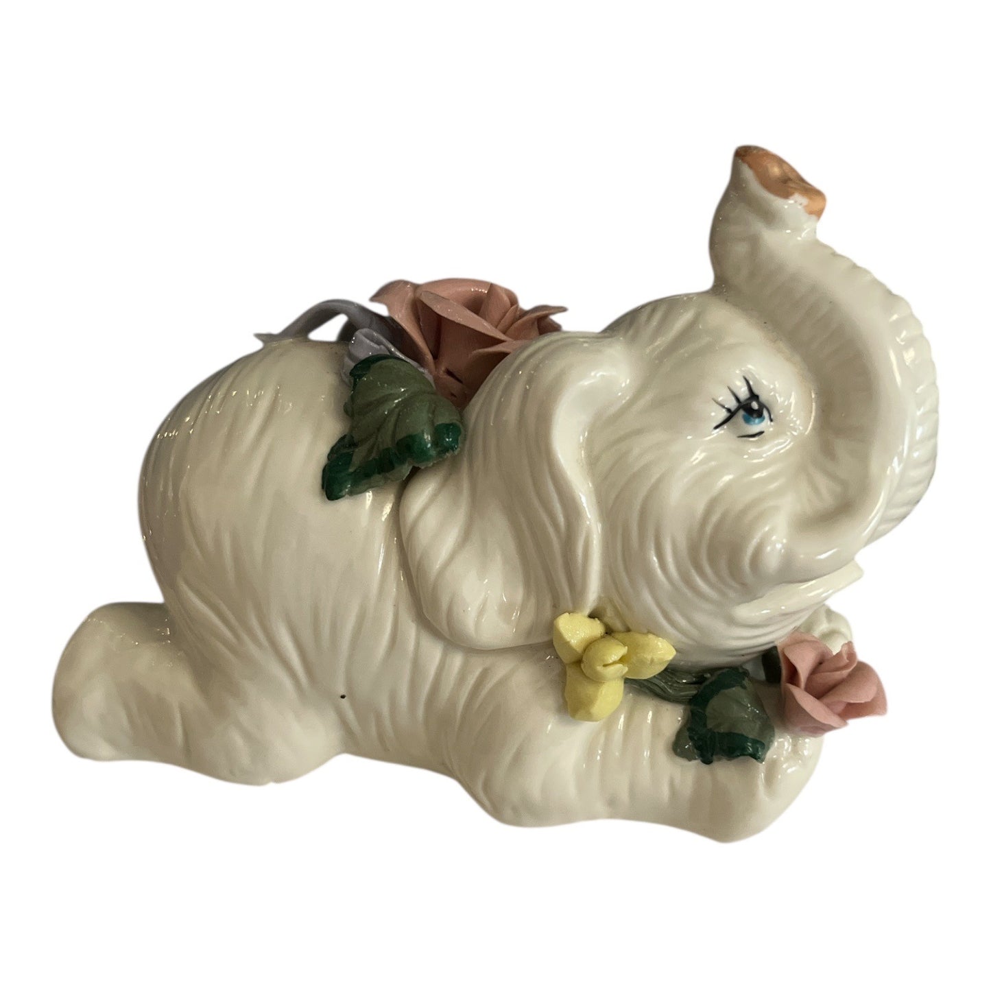 Vintage White Elephant Porcelain Figurine with Applied Roses Trunk Up Floral Accent
