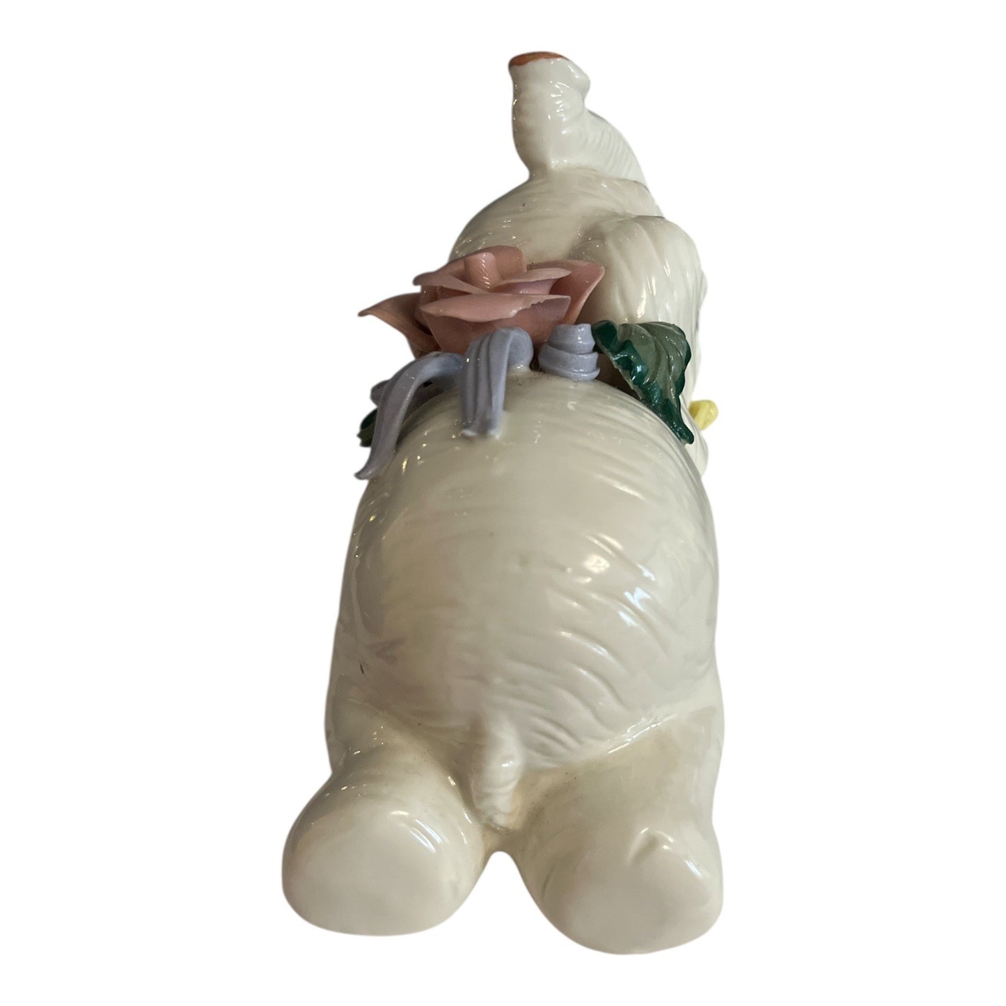 Vintage White Elephant Porcelain Figurine with Applied Roses Trunk Up Floral Accent
