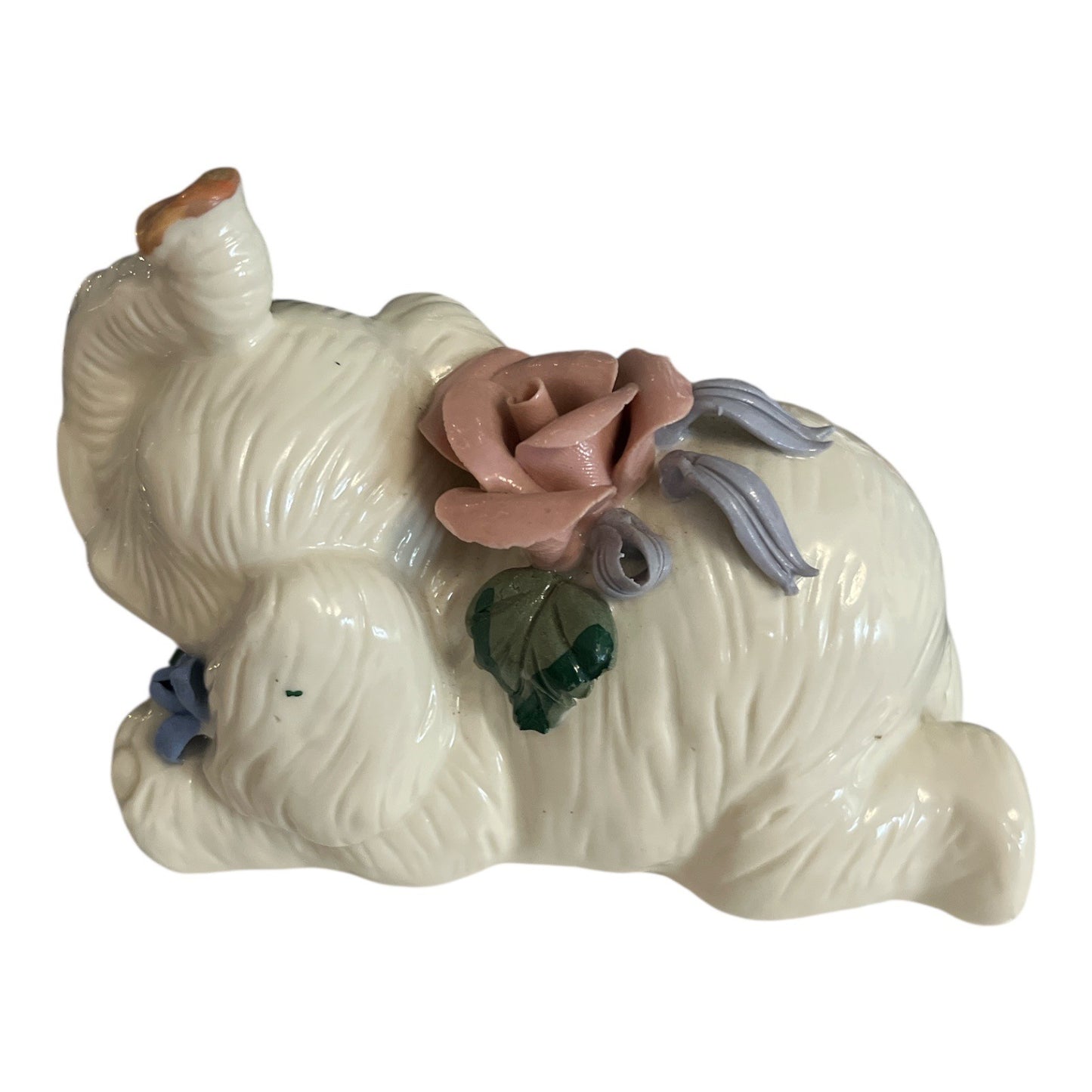 Vintage White Elephant Porcelain Figurine with Applied Roses Trunk Up Floral Accent
