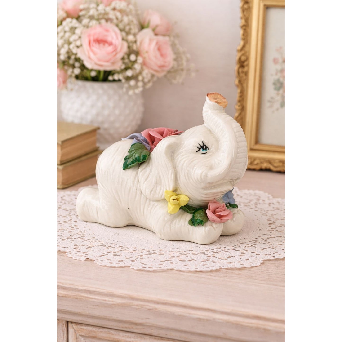 Vintage White Elephant Porcelain Figurine with Applied Roses Trunk Up Floral Accent