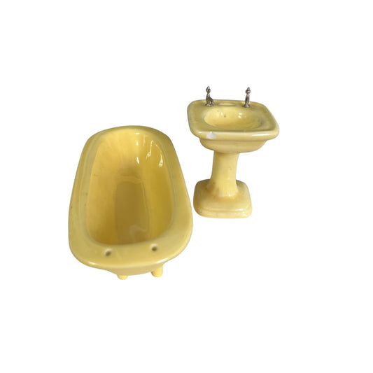 Vintage Miniature Yellow Bathroom Set Sink Bathtub Dollhouse Scale Ceramic