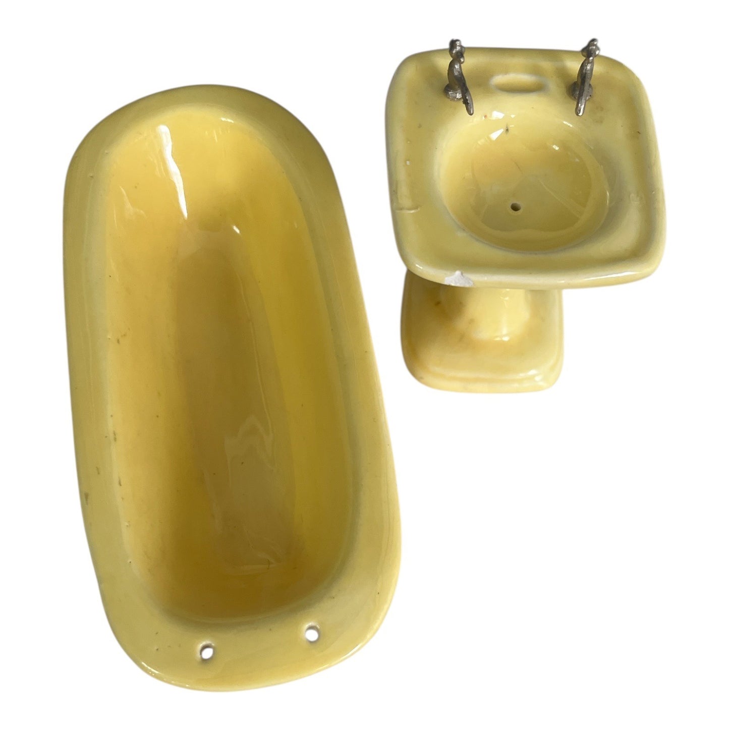 Vintage Miniature Yellow Bathroom Set Sink Bathtub Dollhouse Scale Ceramic
