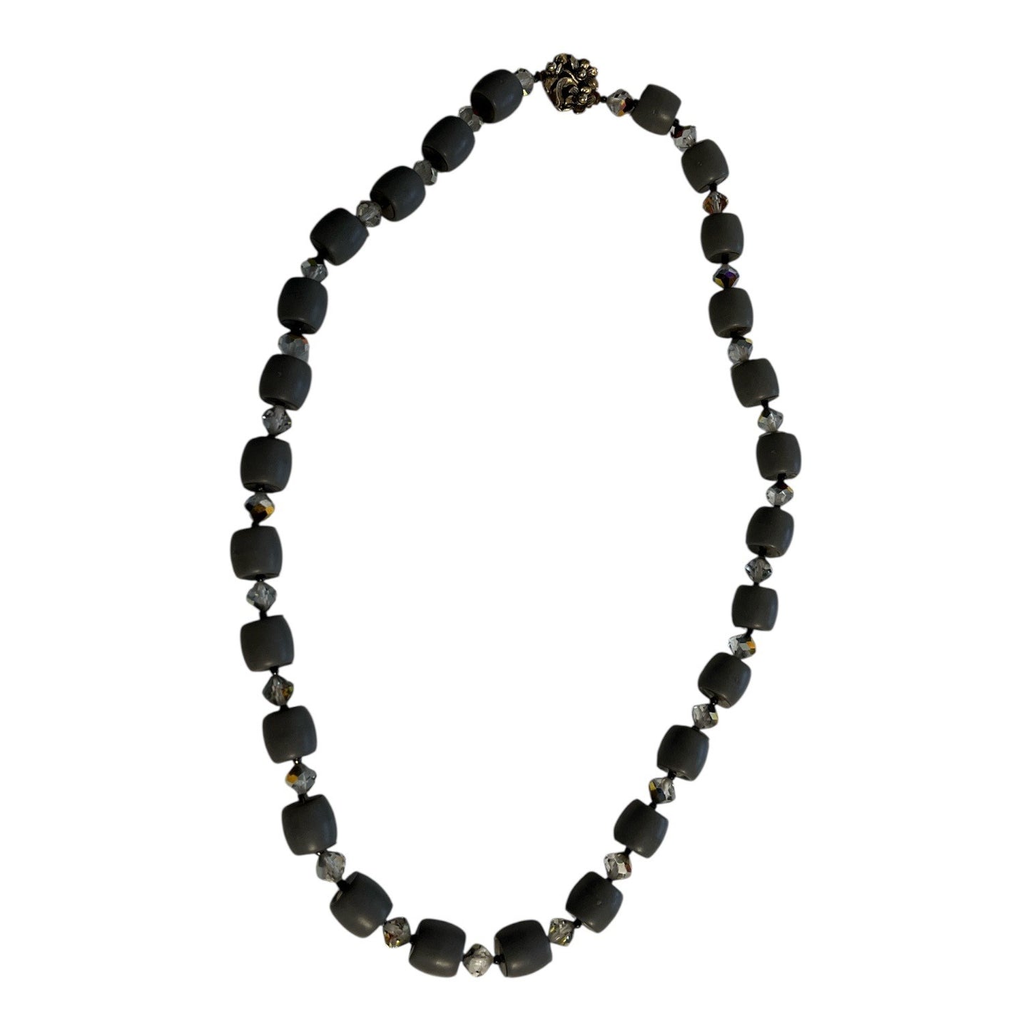 Vintage Gray Glass Bead Necklace With Faceted Crystal Spacers Floral Clasp 10 Inch