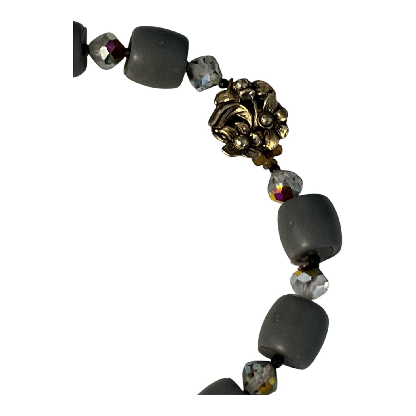 Vintage Gray Glass Bead Necklace With Faceted Crystal Spacers Floral Clasp 10 Inch