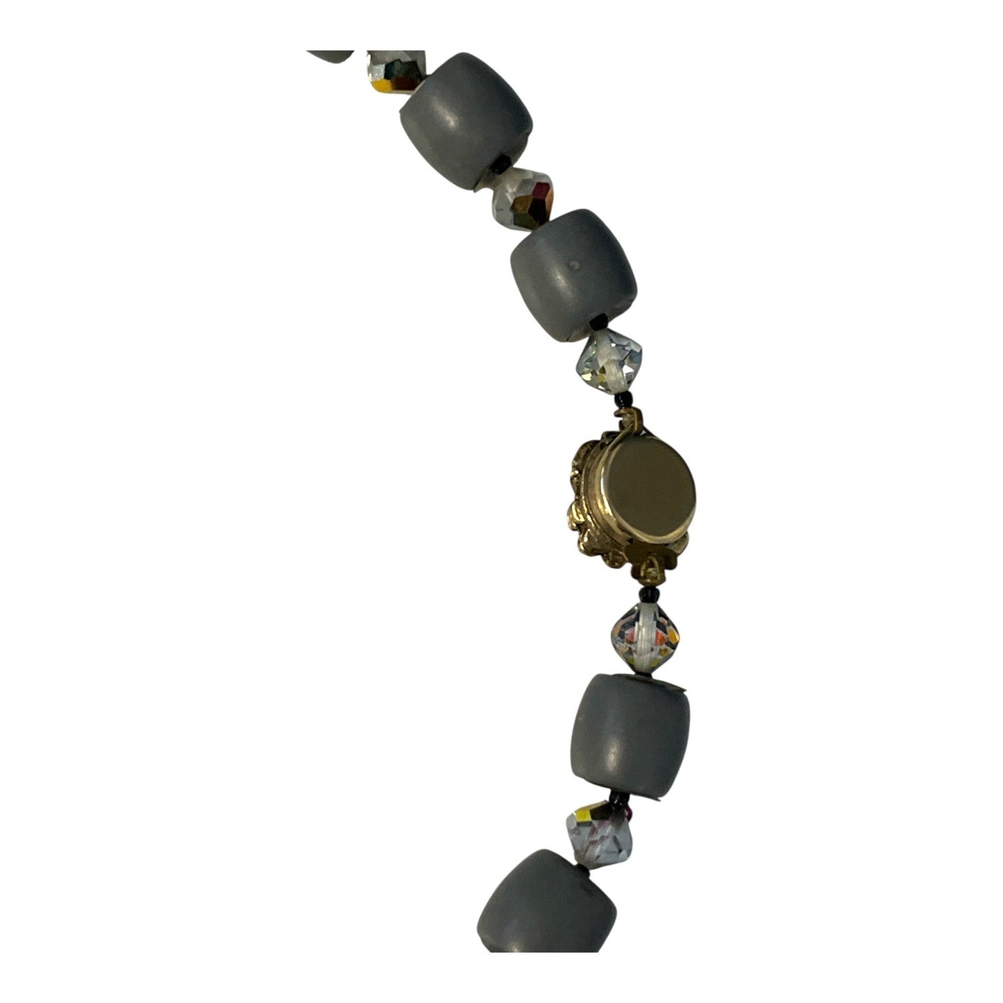 Vintage Gray Glass Bead Necklace With Faceted Crystal Spacers Floral Clasp 10 Inch