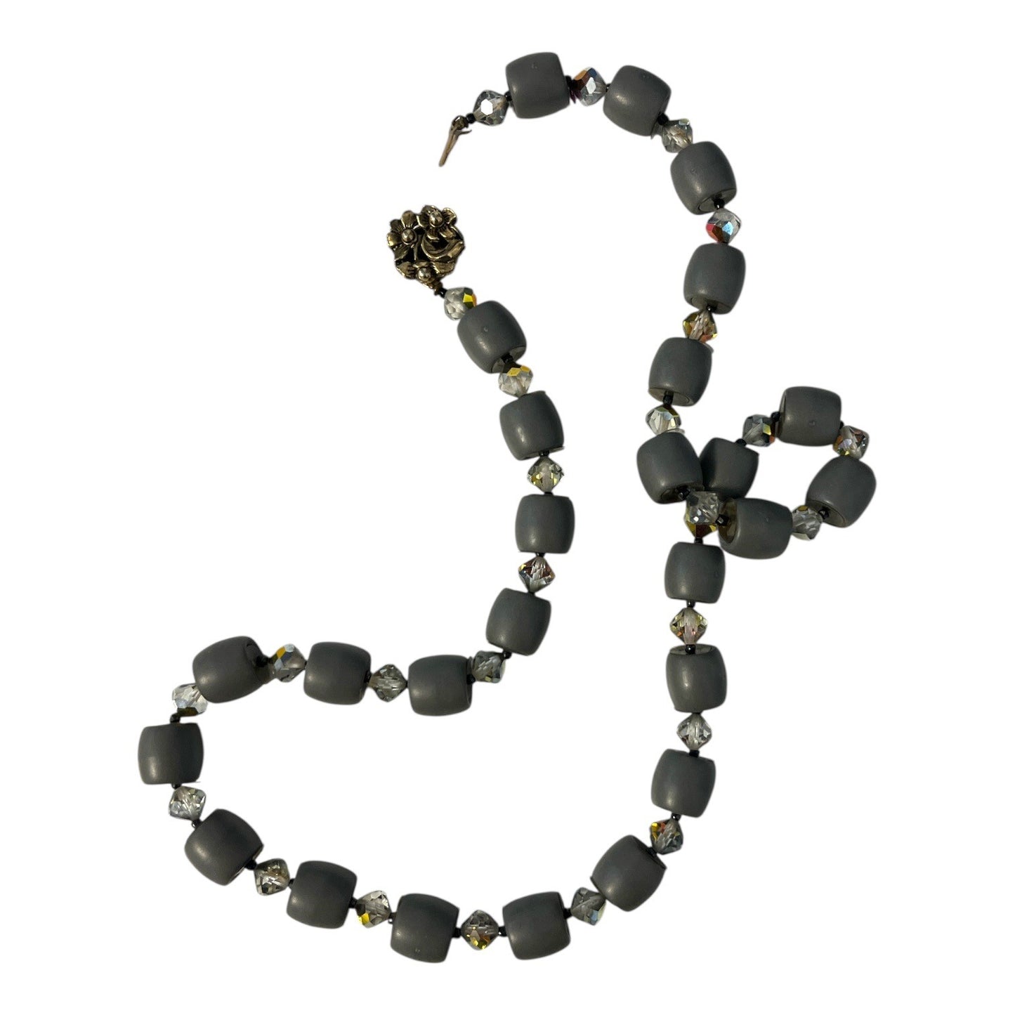 Vintage Gray Glass Bead Necklace With Faceted Crystal Spacers Floral Clasp 10 Inch