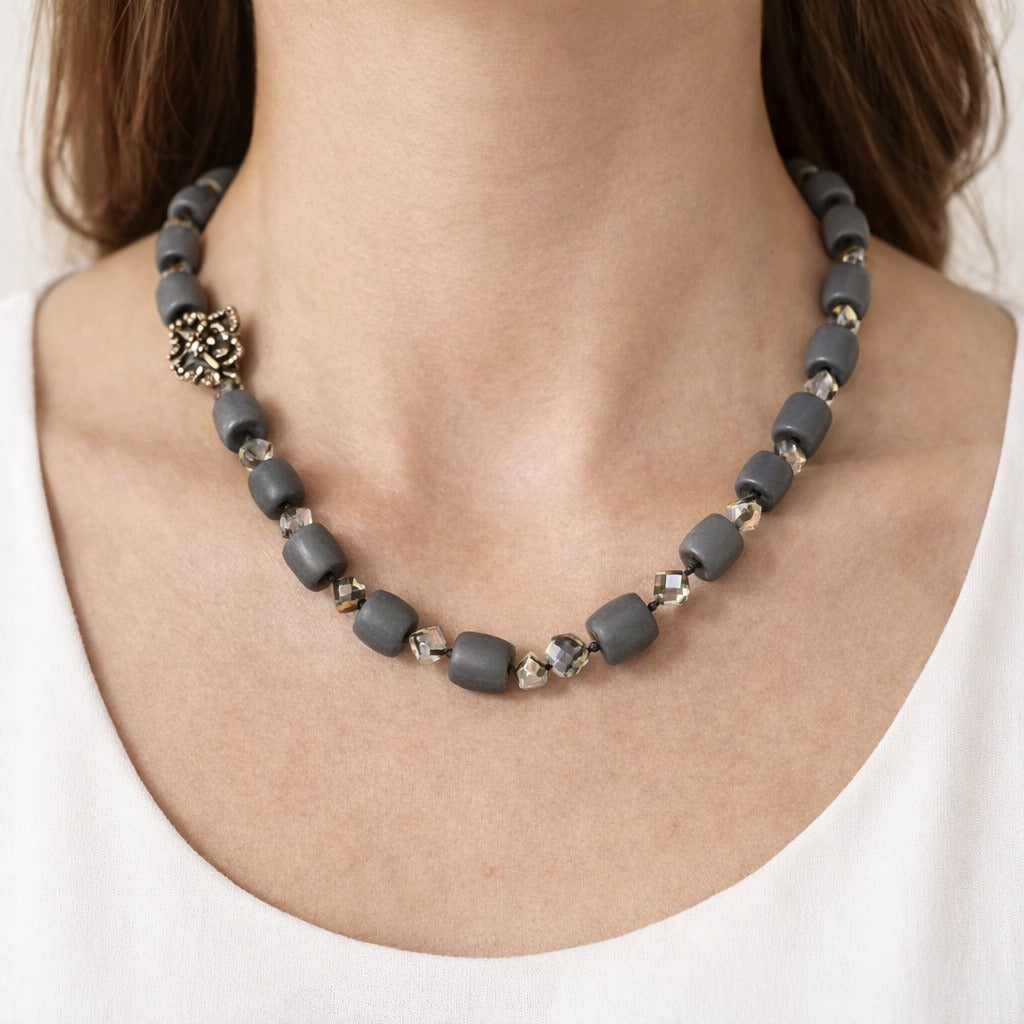 Vintage Gray Glass Bead Necklace With Faceted Crystal Spacers Floral Clasp 10 Inch