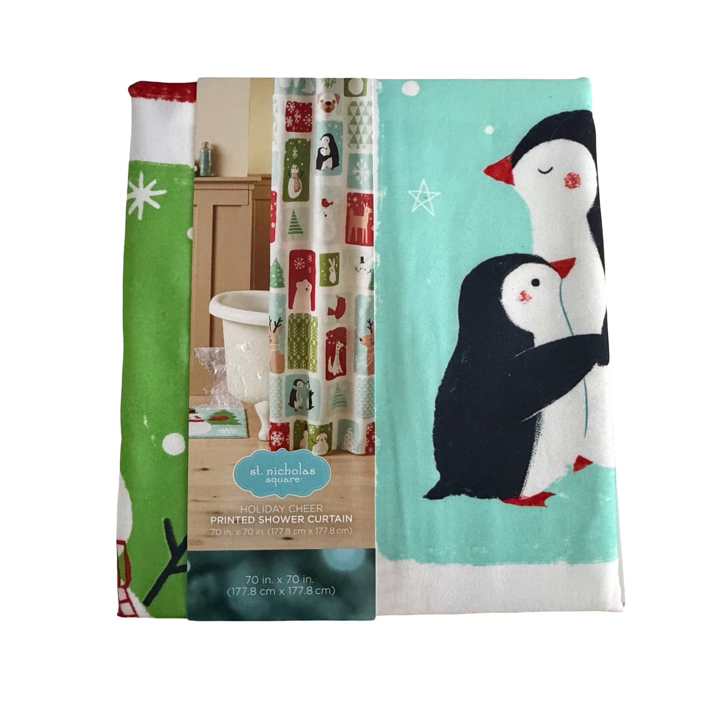 St. Nicholas Square Holiday Cheer Christmas Shower Curtain 70 x 70 Snowman Penguins NIP