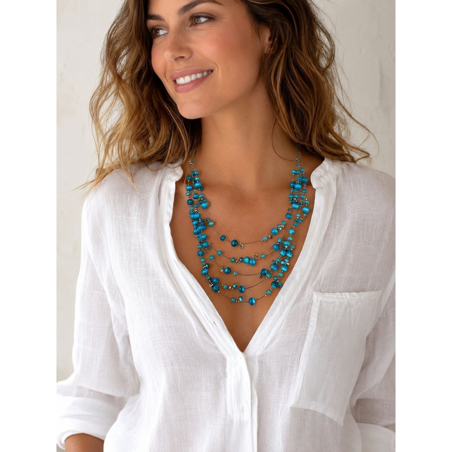 Blue Multi Strand Beaded Necklace Adjustable Layered Statement Jewelry