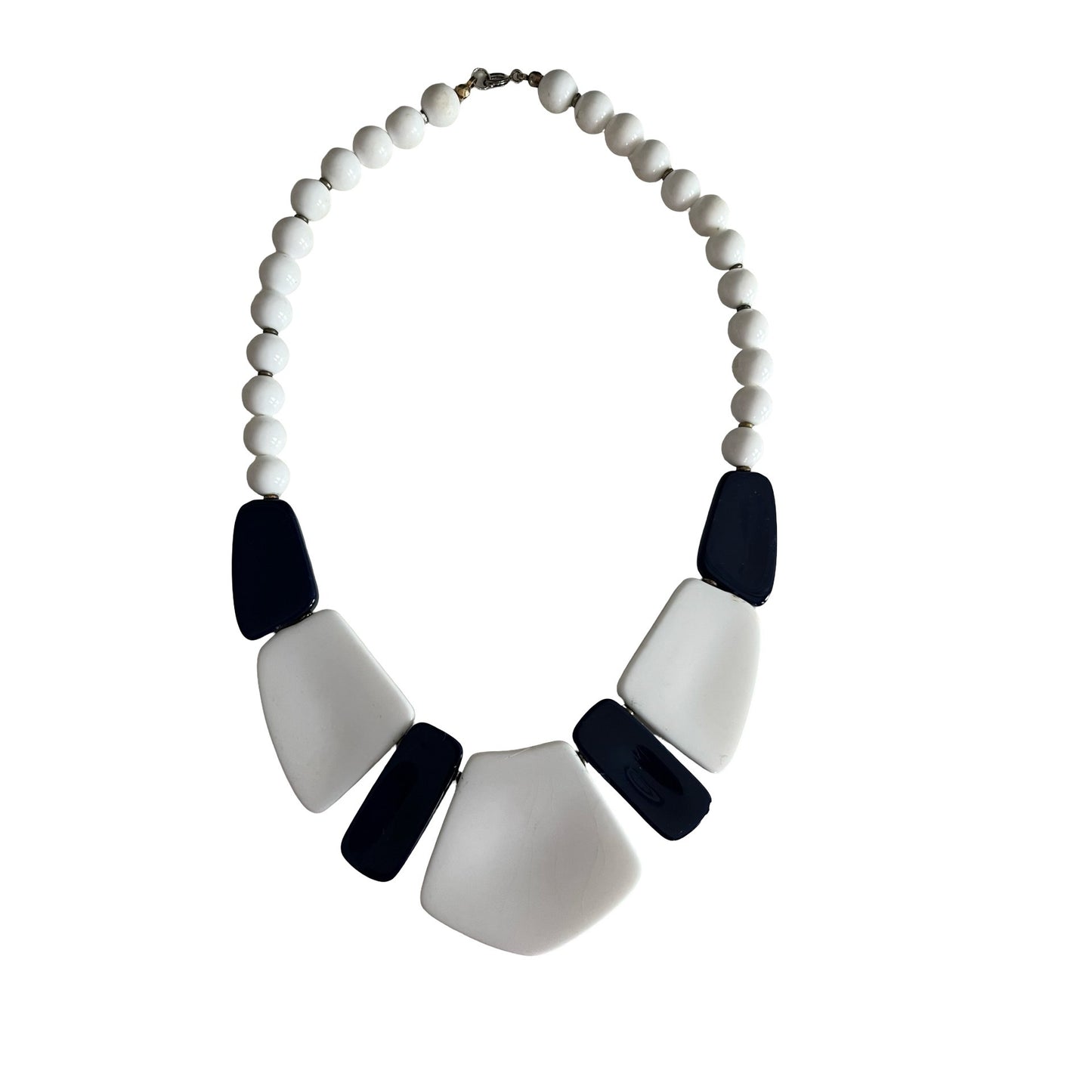 Vintage Navy Blue & White Statement Necklace Chunky Beaded Geometric Bib 15"