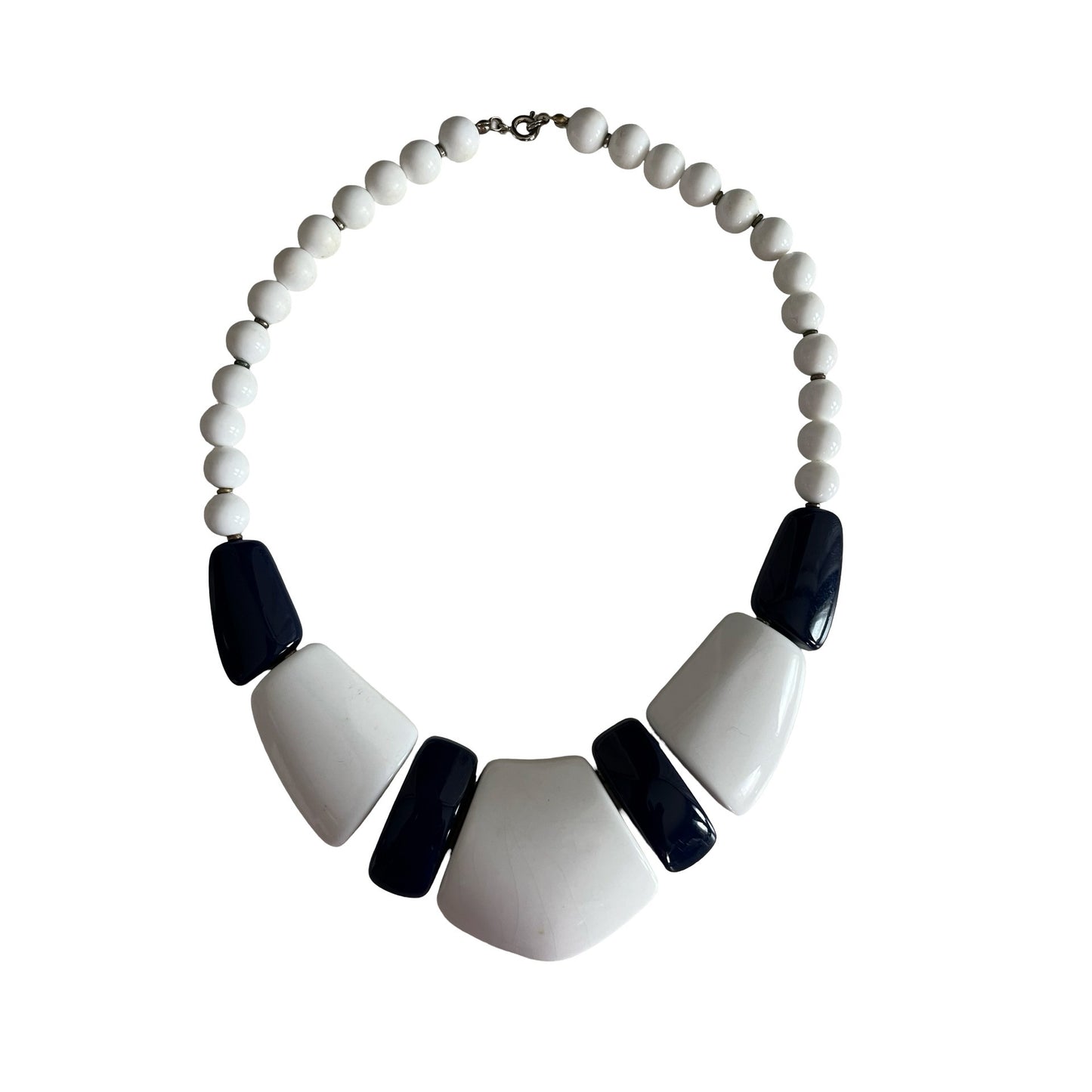 Vintage Navy Blue & White Statement Necklace Chunky Beaded Geometric Bib 15"