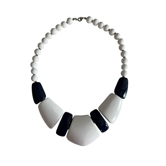 Vintage Navy Blue & White Statement Necklace Chunky Beaded Geometric Bib 15"