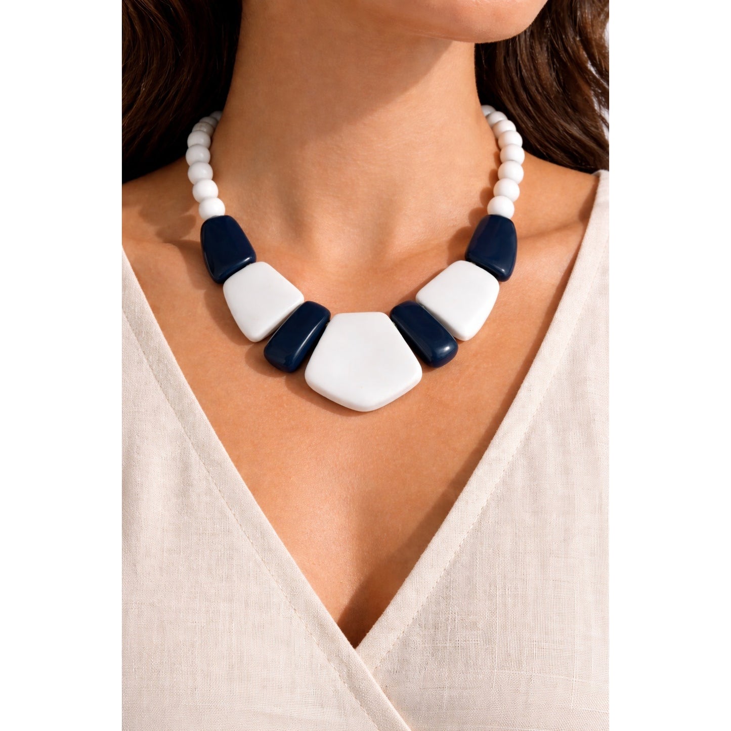 Vintage Navy Blue & White Statement Necklace Chunky Beaded Geometric Bib 15"