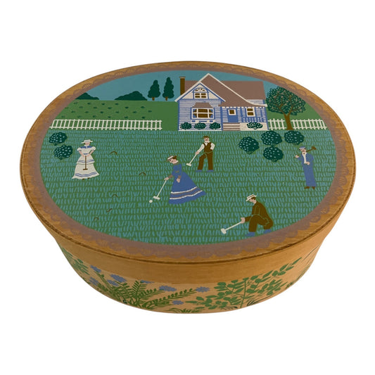 Vintage 1986 Christine Graf Signature Collection Wooden Box – American Greetings Folk Art Croquet Scene