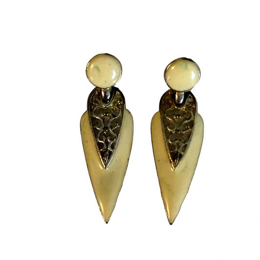 Vintage White Enamel Gold Tone Filigree Dangle Pierced Earrings