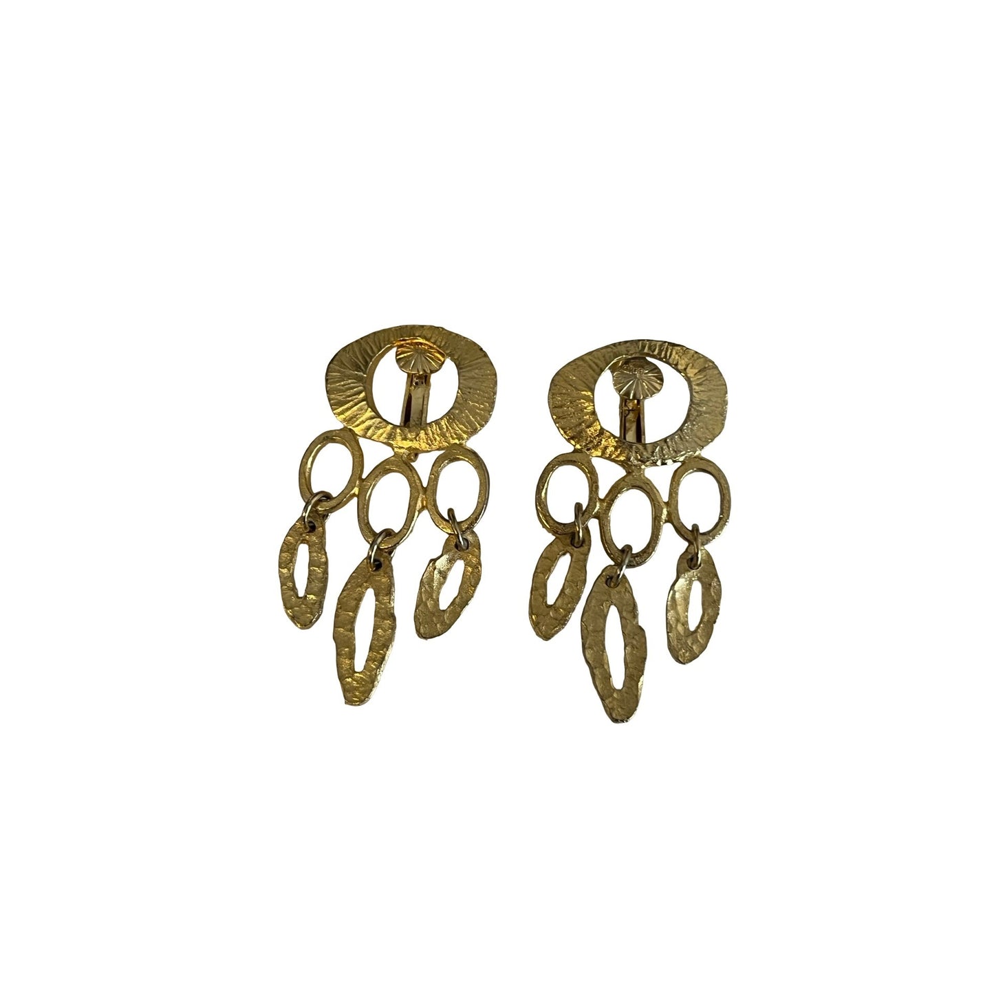 Vintage Gold Tone Dangle Clip On Earrings Hammered Modernist Statement 2x1