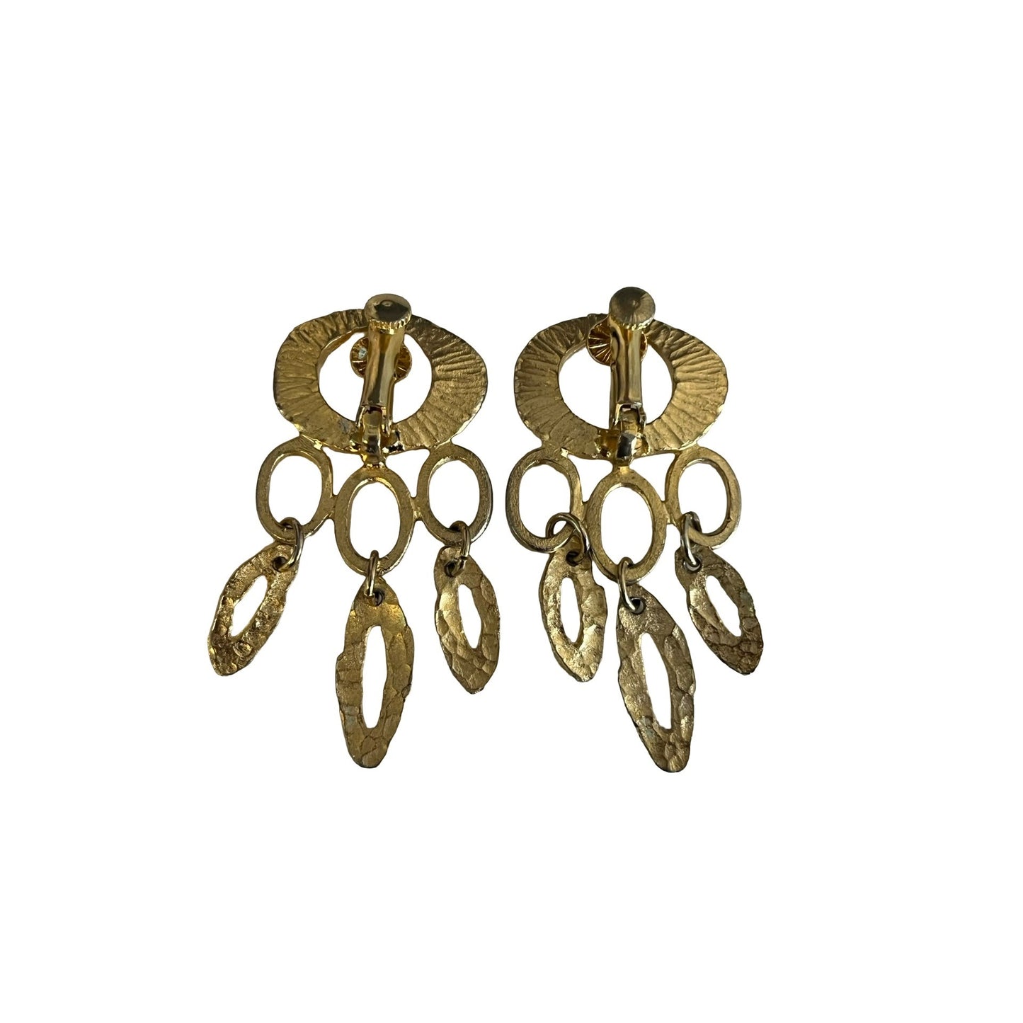 Vintage Gold Tone Dangle Clip On Earrings Hammered Modernist Statement 2x1
