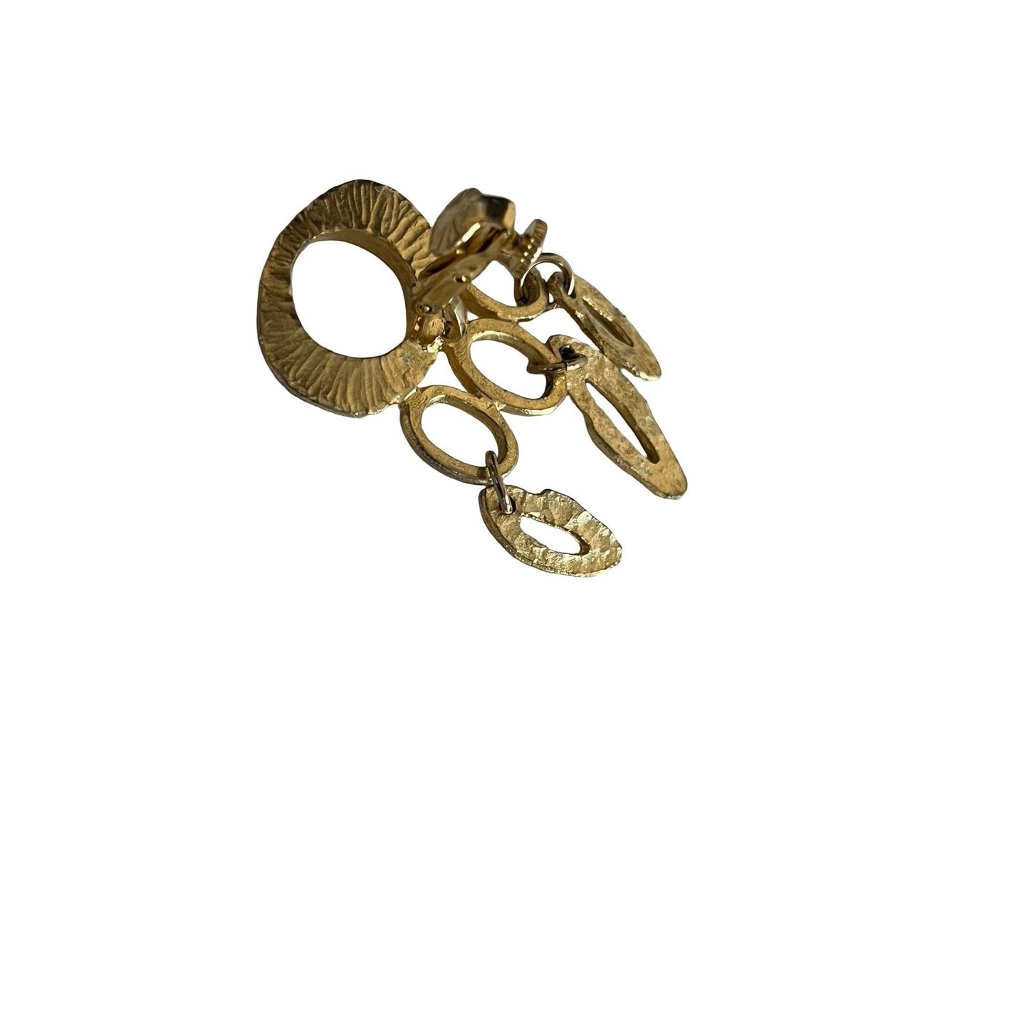 Vintage Gold Tone Dangle Clip On Earrings Hammered Modernist Statement 2x1