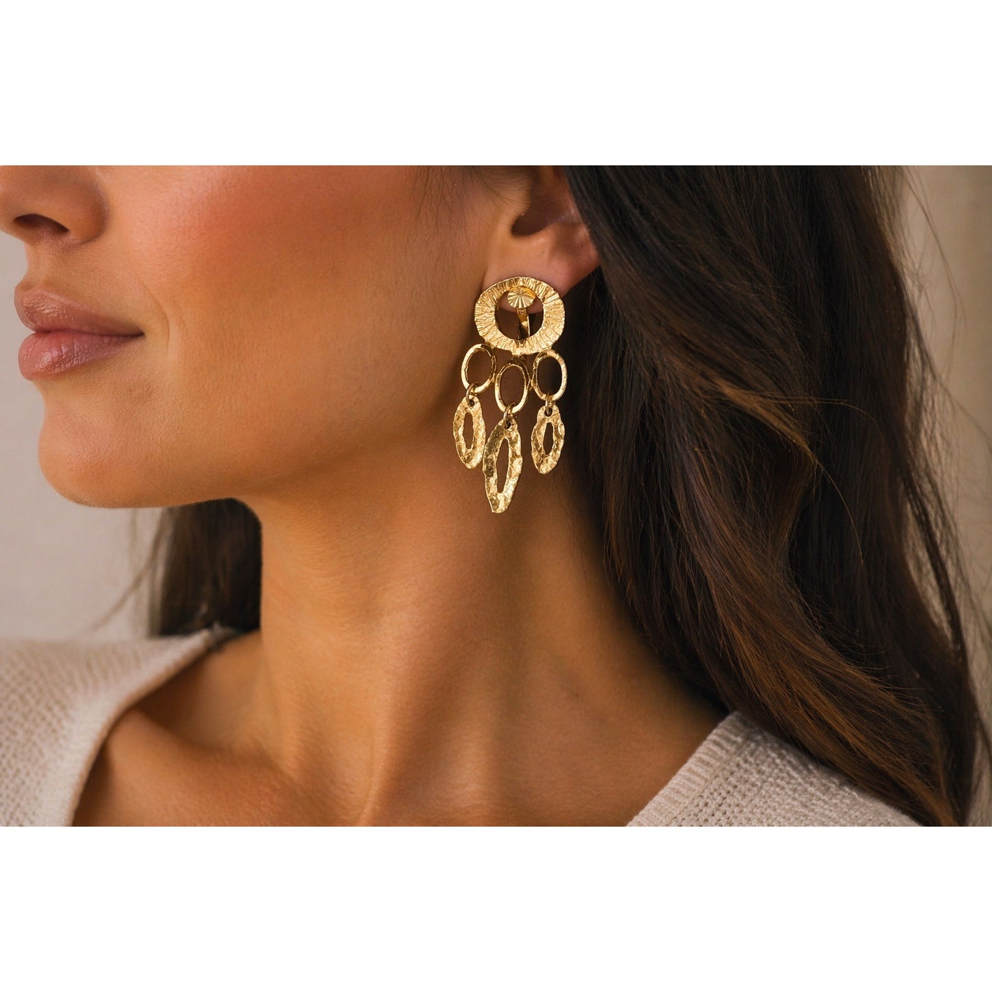 Vintage Gold Tone Dangle Clip On Earrings Hammered Modernist Statement 2x1