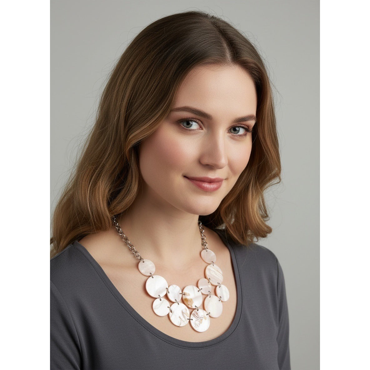 Charming Charlie Shell Disc Statement Necklace Bib Style Adjustable Chain