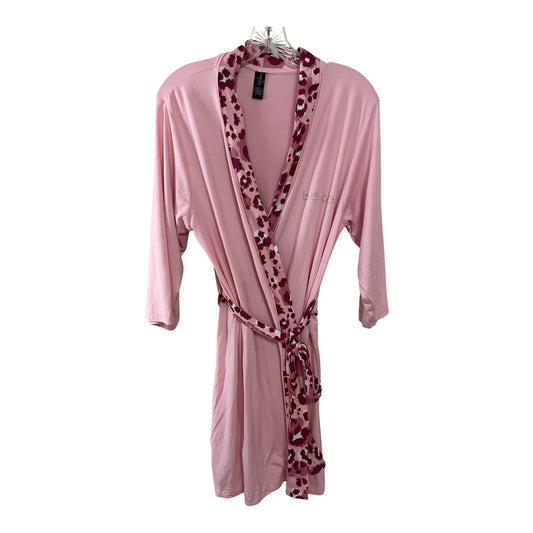Bebe Pink Sleepwear Robe with Floral Trim and Rhinestone Logo – Size L