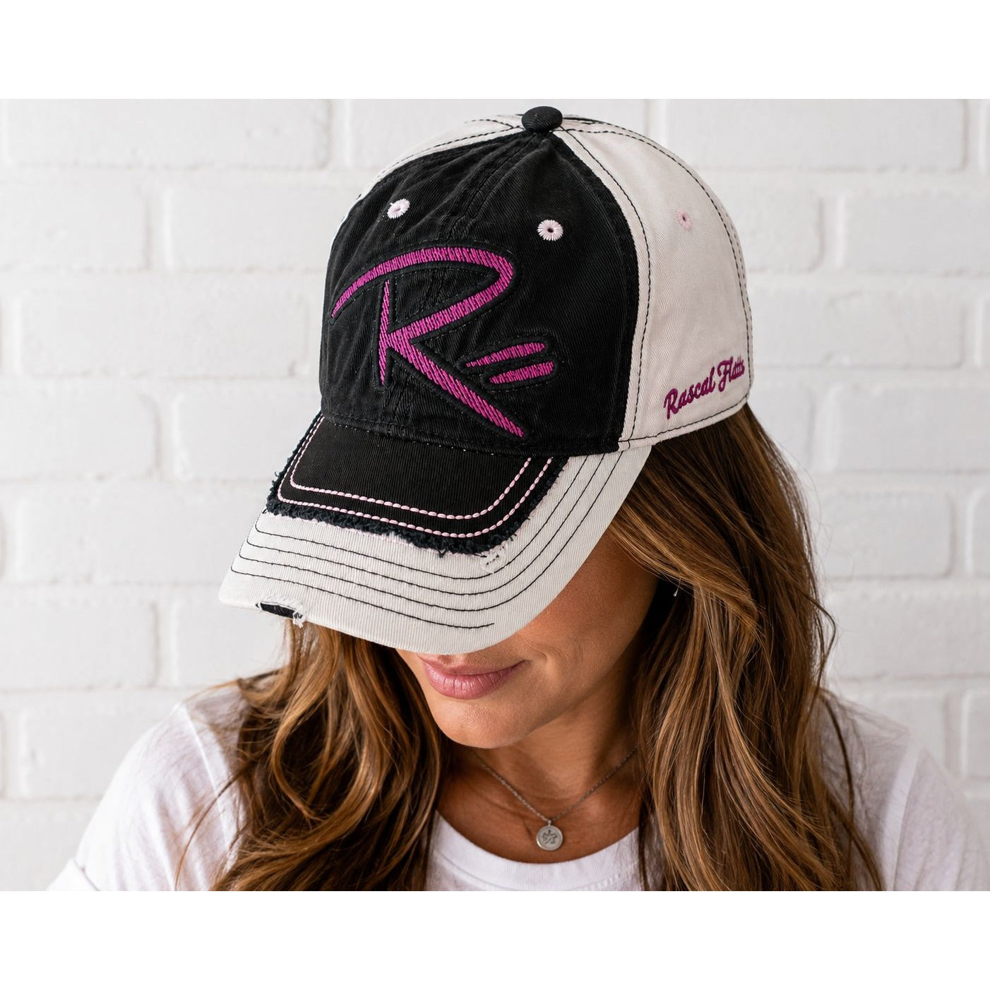 Vintage Rascal Flatts Distressed Embroidered Adjustable Baseball Cap Black Pink White
