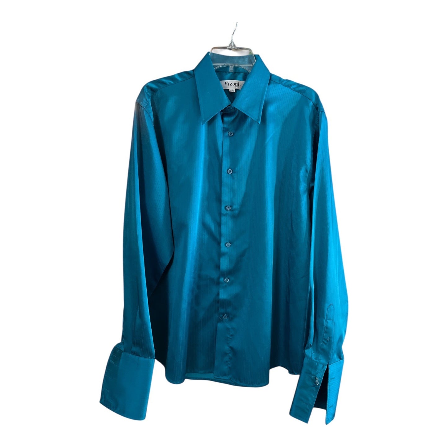 Vizioni Uomo Men’s Teal Silk Dress Shirt – XL 17-17.5 – Satin Finish – Long Sleeve – 1990s