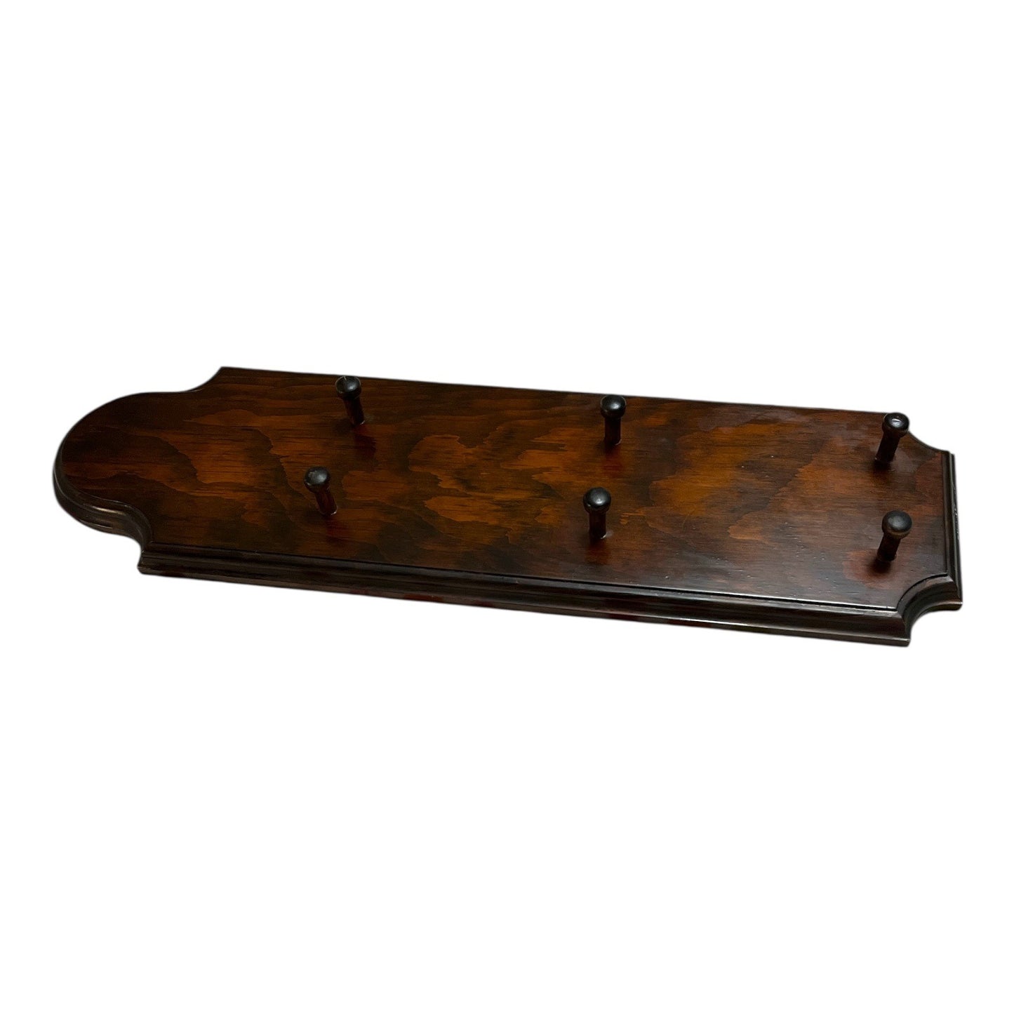 Vintage Wooden Wall Rack - Signed – Dark Stain – 6-Peg Hanging Organizer – 18"