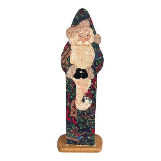 Vintage Wooden Santa Figure Cloth Print Mounted Holiday Decor