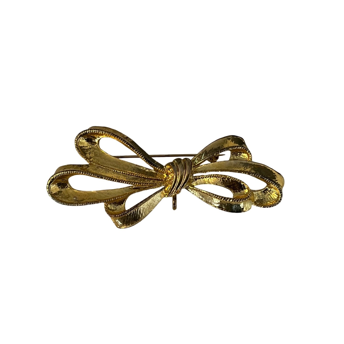 Vintage Gold Tone Bow Brooch Pin Textured Ribbon Design 3” Statement