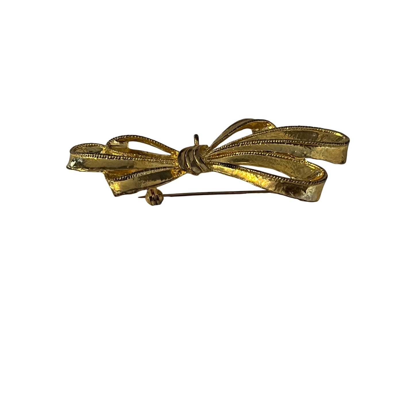 Vintage Gold Tone Bow Brooch Pin Textured Ribbon Design 3” Statement
