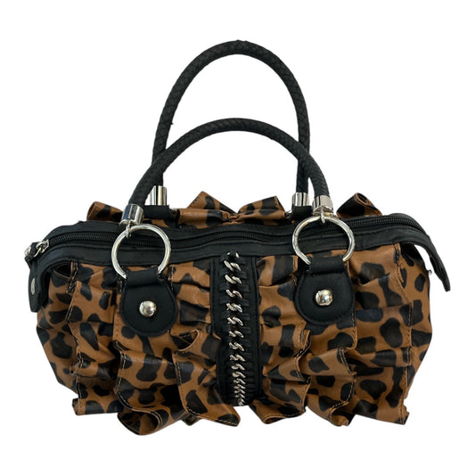 Cato Brown Leopard Print Ruffle Handbag – Black Braided Handles – Edgy Rockabilly Purse