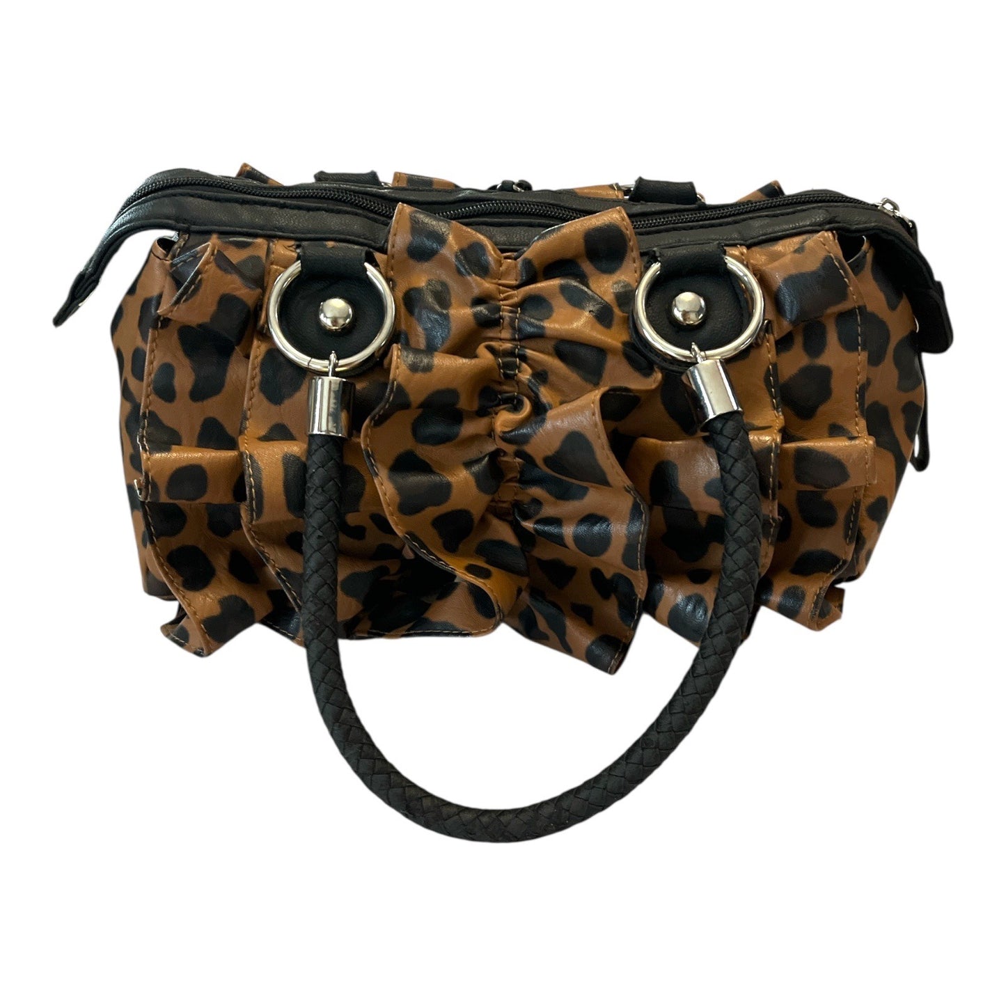 Cato Brown Leopard Print Ruffle Handbag – Black Braided Handles – Edgy Rockabilly Purse