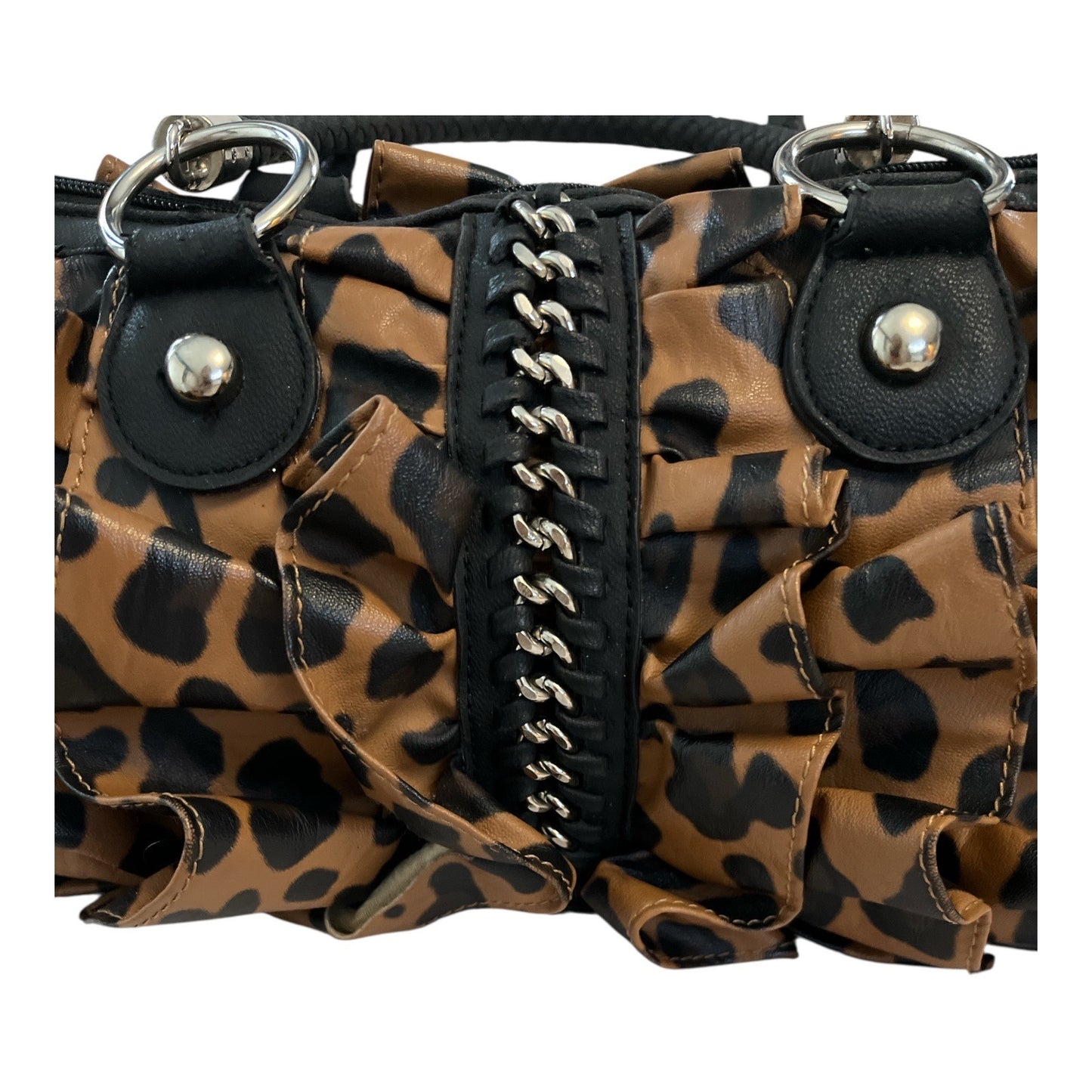 Cato Brown Leopard Print Ruffle Handbag – Black Braided Handles – Edgy Rockabilly Purse
