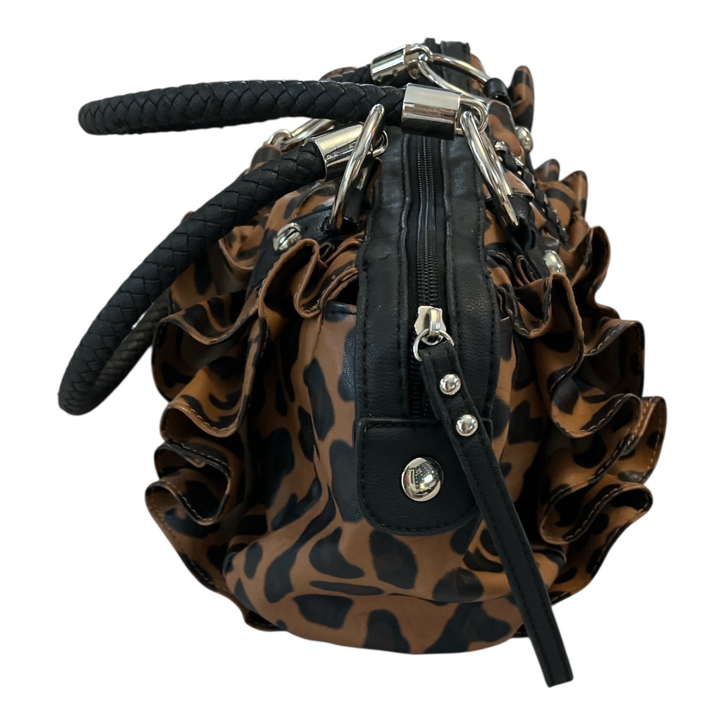 Cato Brown Leopard Print Ruffle Handbag – Black Braided Handles – Edgy Rockabilly Purse