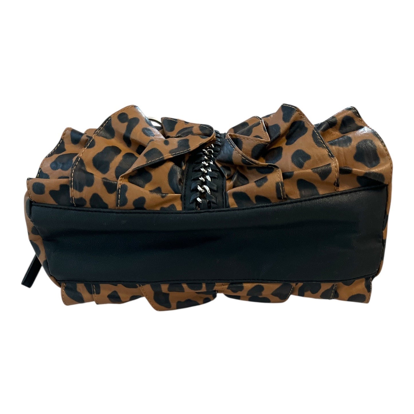Cato Brown Leopard Print Ruffle Handbag – Black Braided Handles – Edgy Rockabilly Purse