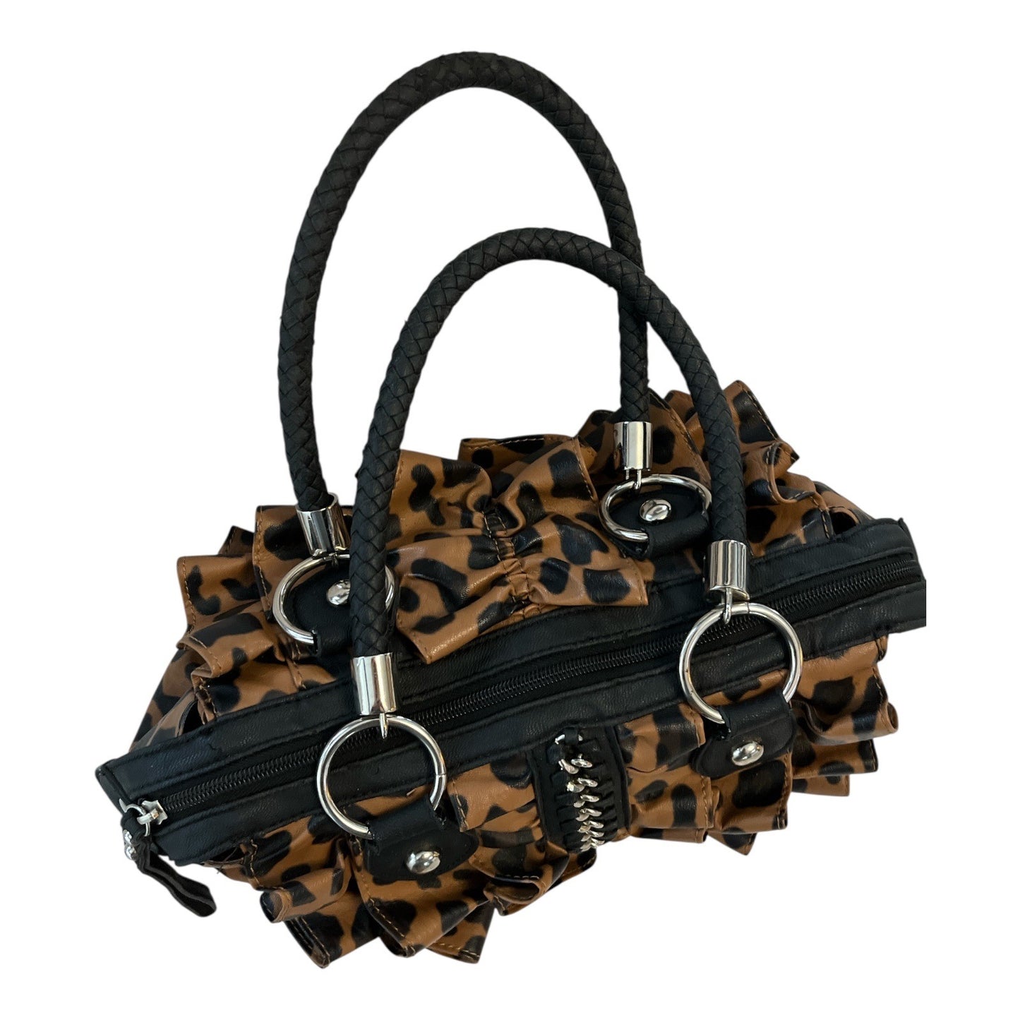 Cato Brown Leopard Print Ruffle Handbag – Black Braided Handles – Edgy Rockabilly Purse