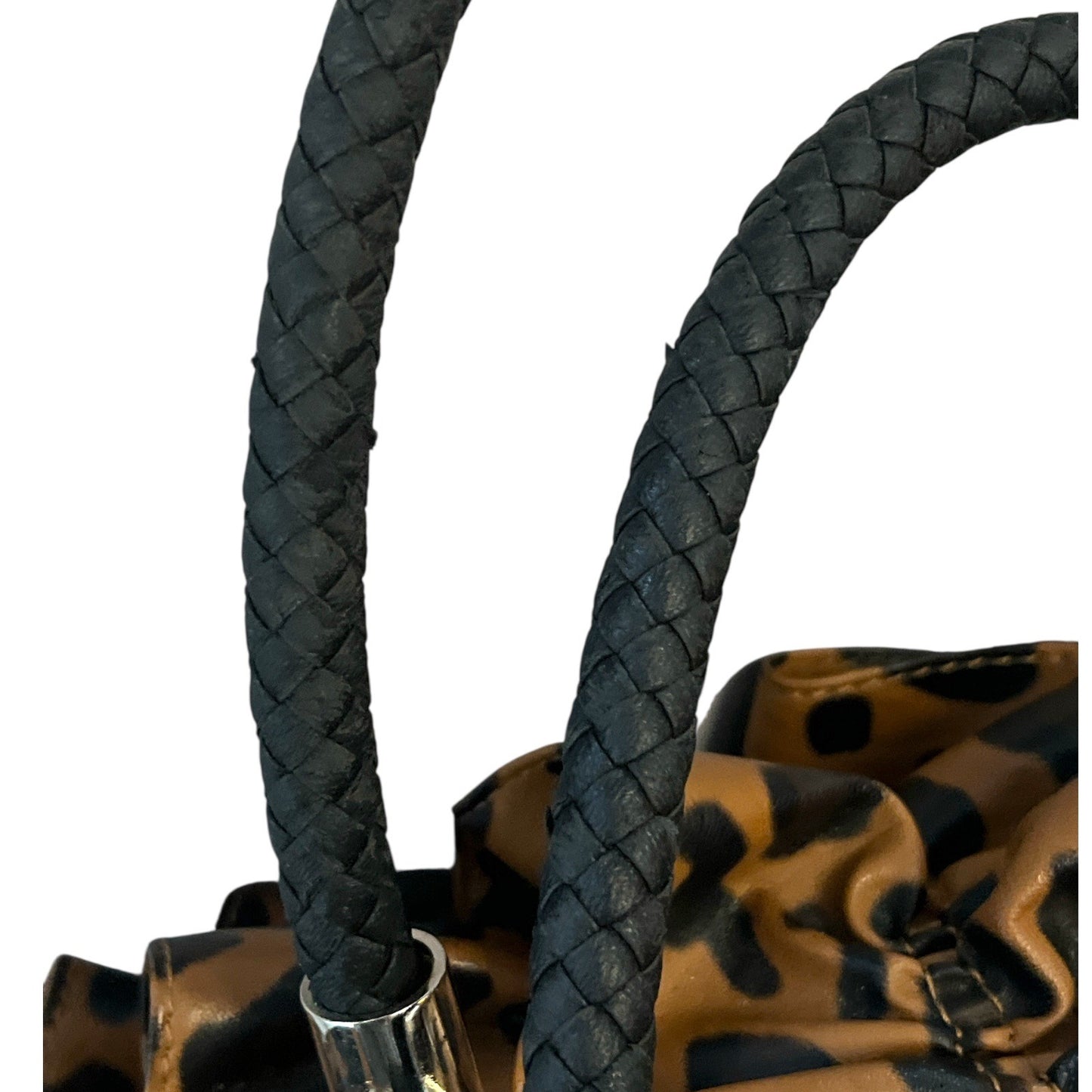 Cato Brown Leopard Print Ruffle Handbag – Black Braided Handles – Edgy Rockabilly Purse