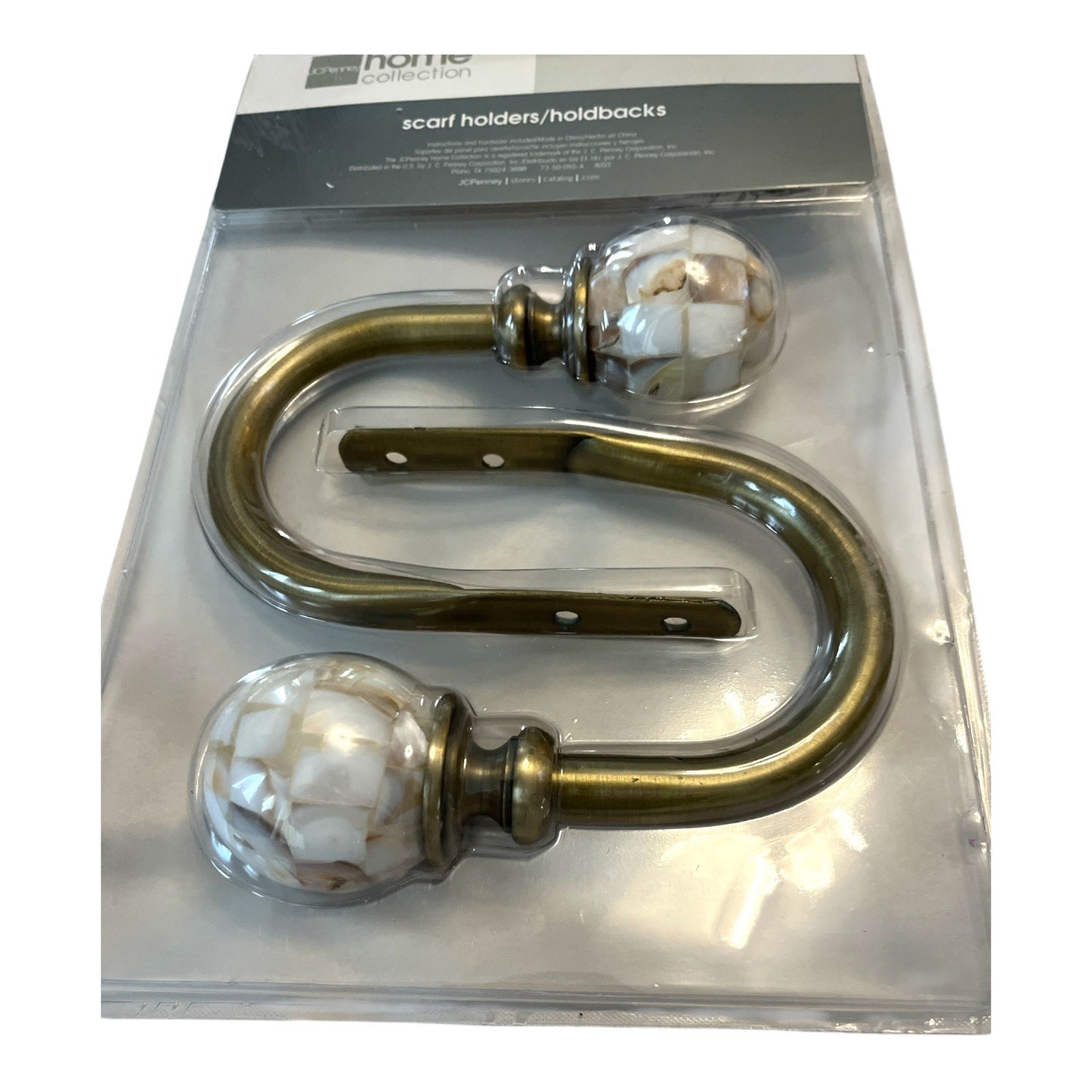 VTG JCPenney Home Collection Scarf Holders / Curtain Holdbacks | Set of 2 | Brass Finish with Mosaic Glass Finials
