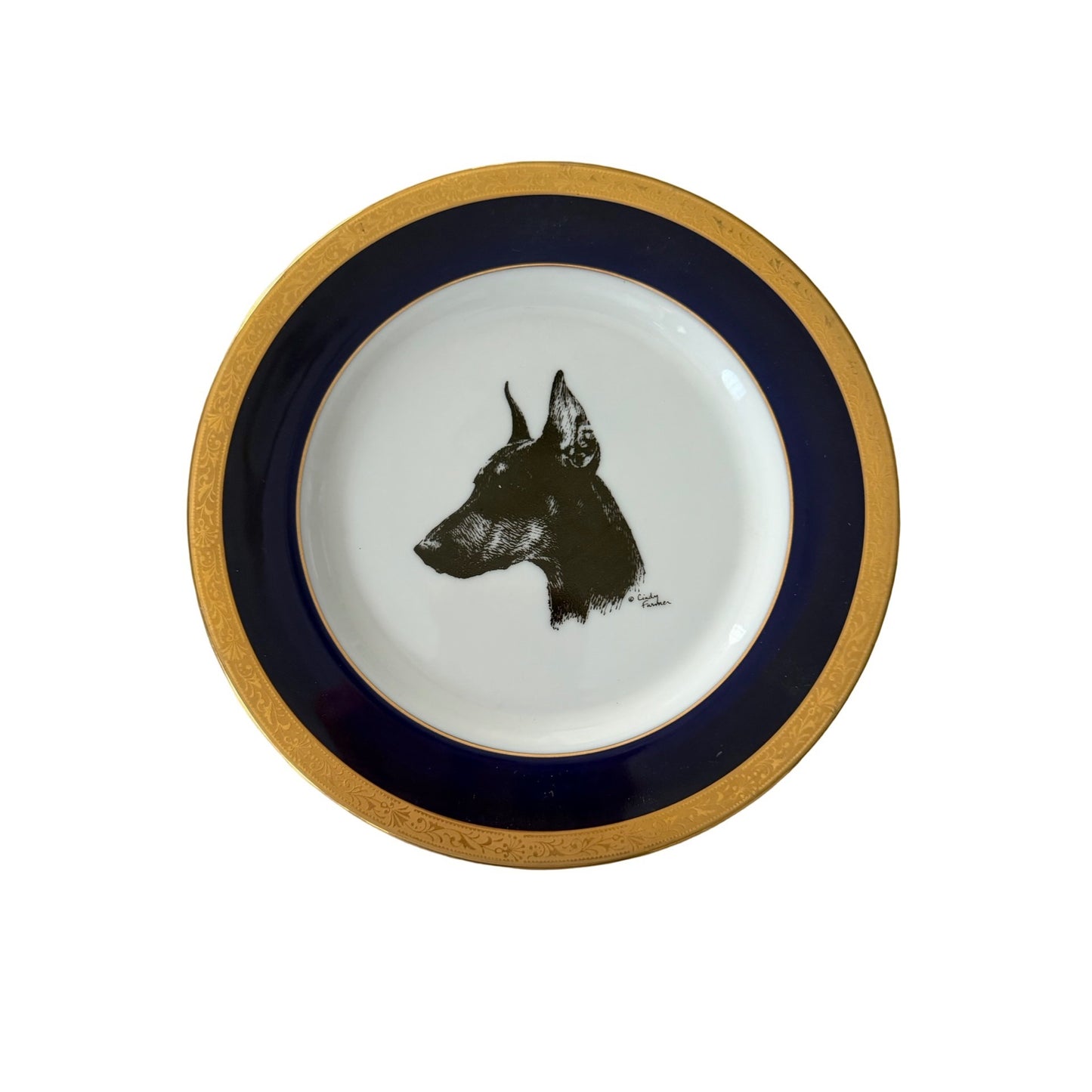 Rosalinde Doberman Pinscher Dessert Plate Cindy Farmer Cobalt Blue Gold Trim Porcelain