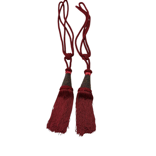 Pair of Vintage Burgundy Beaded Curtain Tiebacks Decorative Tassel Drapery Holdbacks