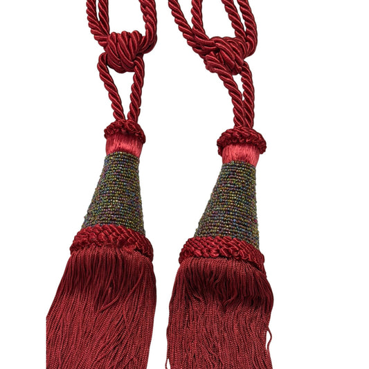 Pair of Vintage Burgundy Beaded Curtain Tiebacks Decorative Tassel Drapery Holdbacks
