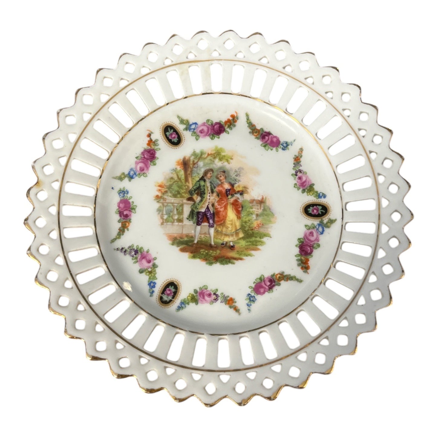 German Porcelain Pierced Rim Plate Romantic Courting Scene