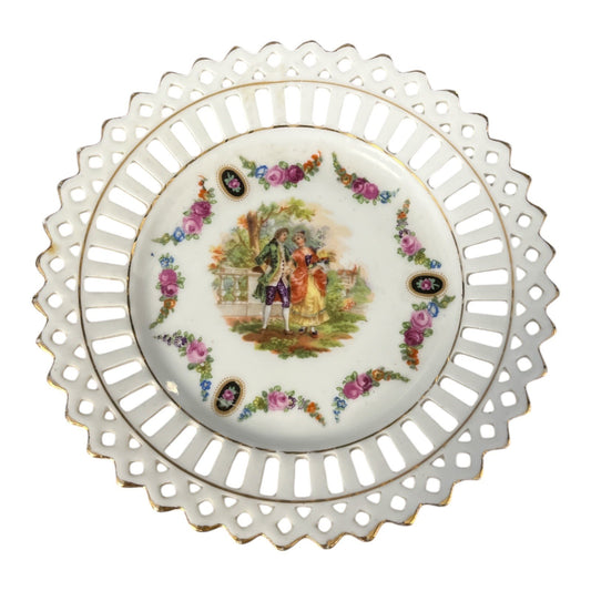 German Porcelain Pierced Rim Plate Romantic Courting Scene